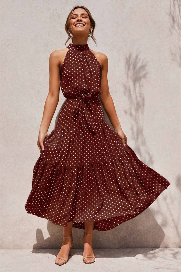 Summer Halter Yellow Polka Dot Print Dress