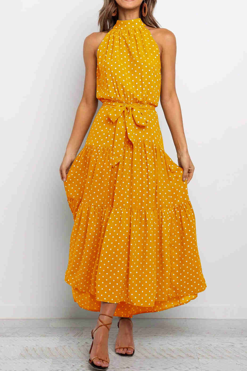 Summer Halter Yellow Polka Dot Print Dress