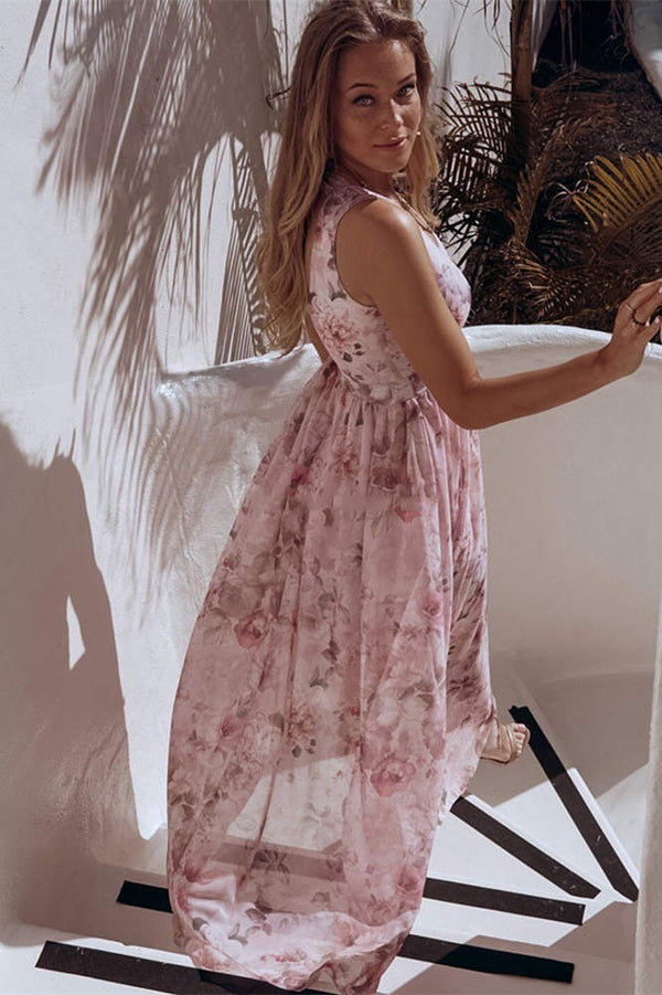 V-Neck Light Blue Floral Print Summer Dress