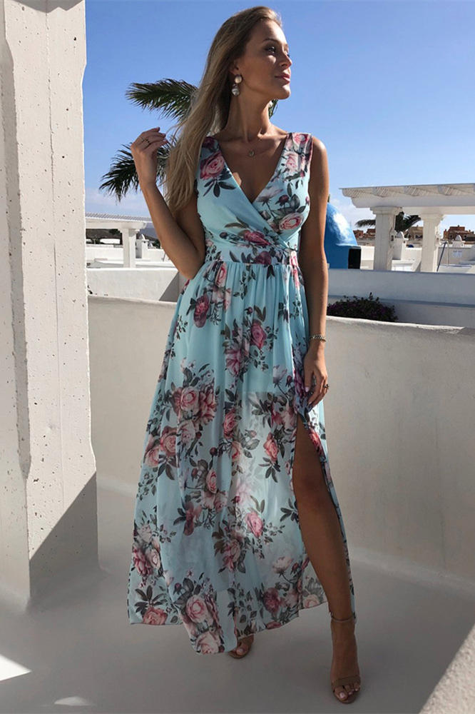 V-Neck Light Blue Floral Print Summer Dress FancyVestido V-Neck Light Blue Floral Print Summer Dress FancyVestido
