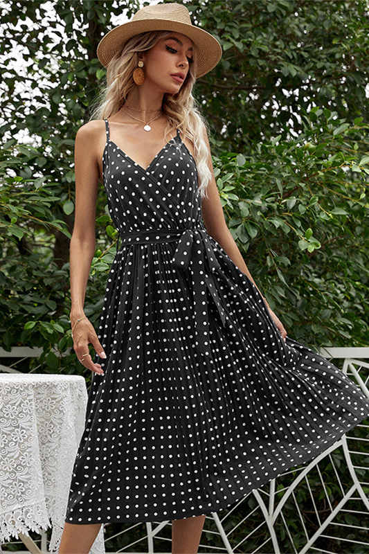 Summer Navy Blue Midi Dress with Polka Dot