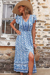 Cap Sleeves Blue Floral Summer Dress