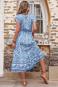 Cap Sleeves Blue Floral Summer Dress