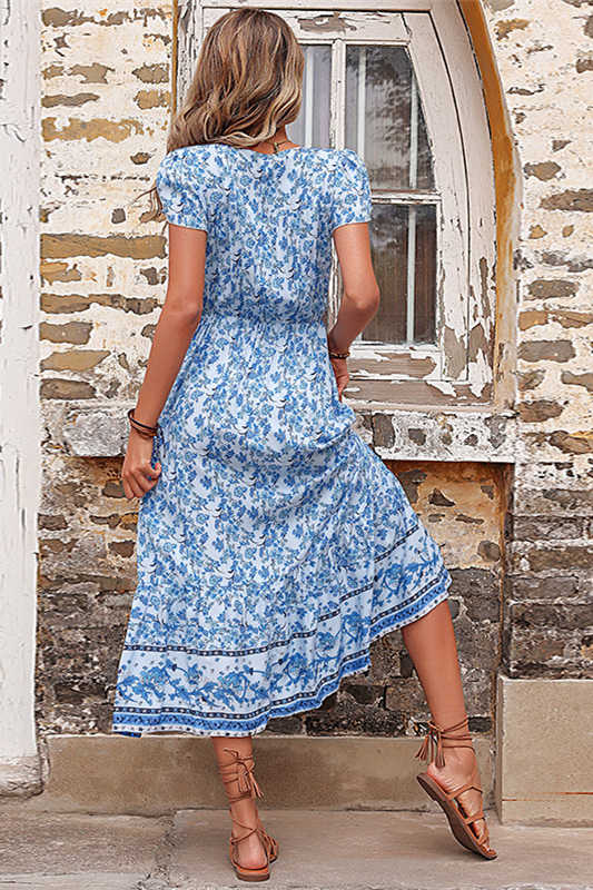 Cap Sleeves Blue Floral Summer Dress