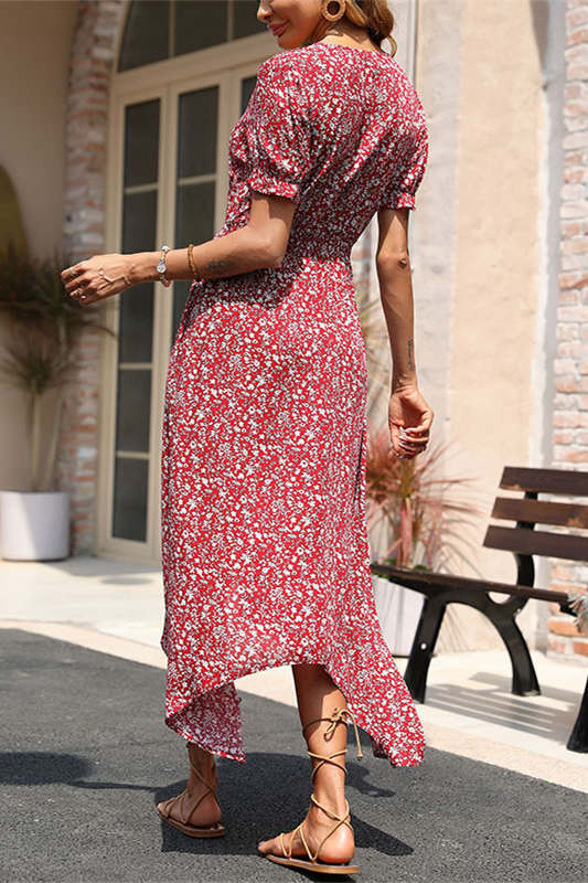 V-Neck Floral Red Long Summer Dress