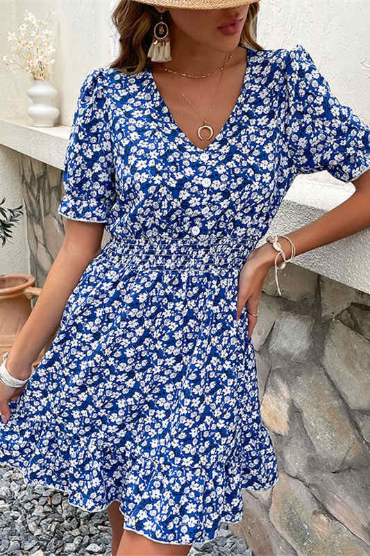 Short Sleeves Blue Floral Sundress