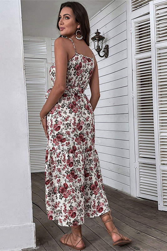 Floral Print Chiffon Long Sundress with Belt