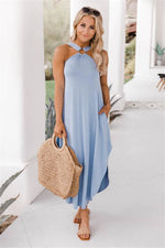 Halter Light Blue Summer Dress with Pocket