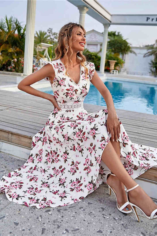 White V-Neck Floral Hi-Low Sundress