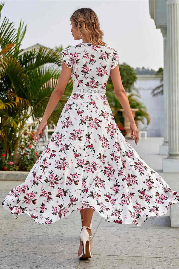 White V-Neck Floral Hi-Low Sundress