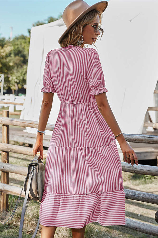 Green V-Neck White Stripes Long Summer Dress