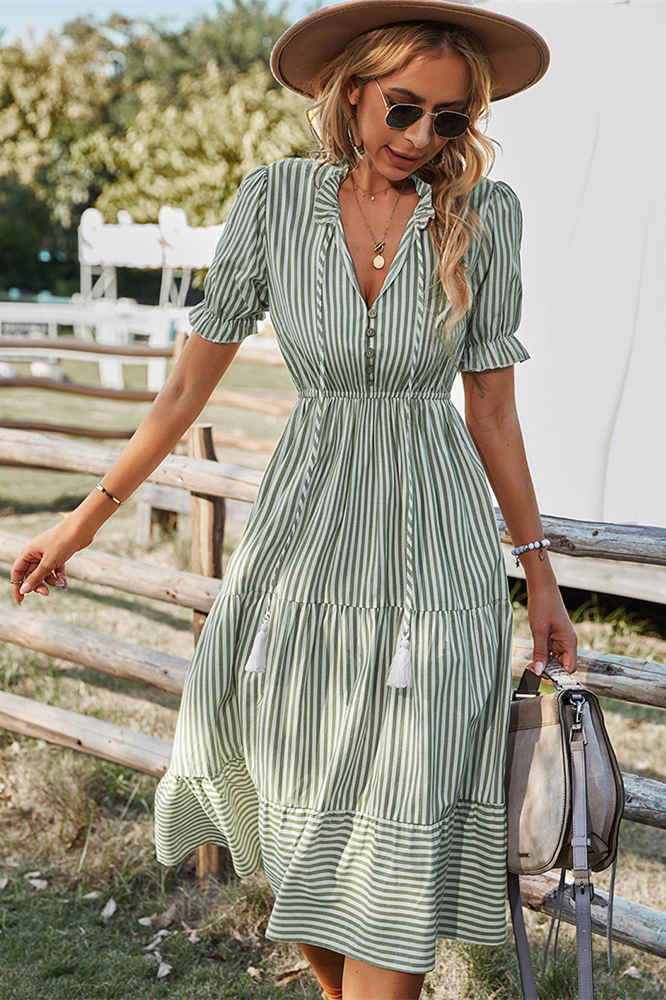 Green V-Neck White Stripes Long Summer Dress – FancyVestido