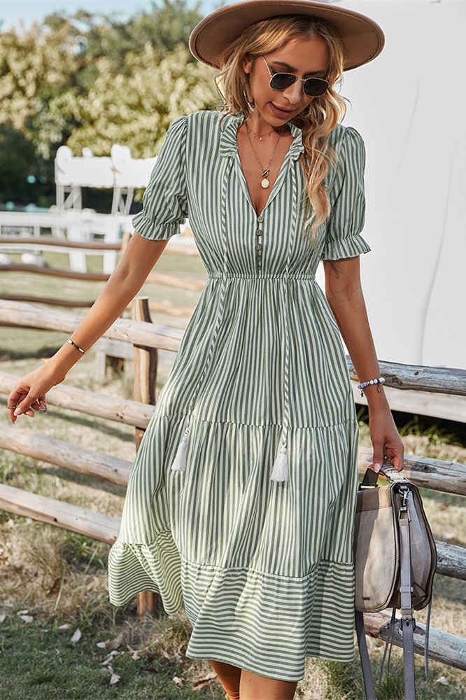 Green V-Neck White Stripes Long Summer Dress