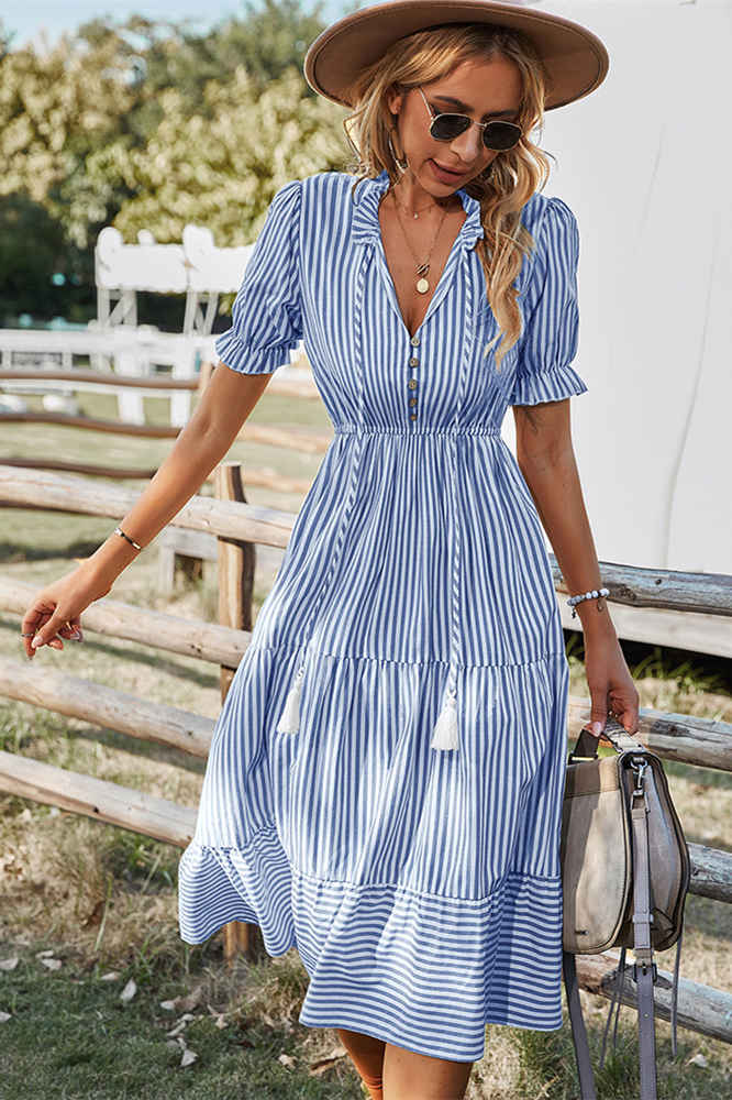 Green V-Neck White Stripes Long Summer Dress