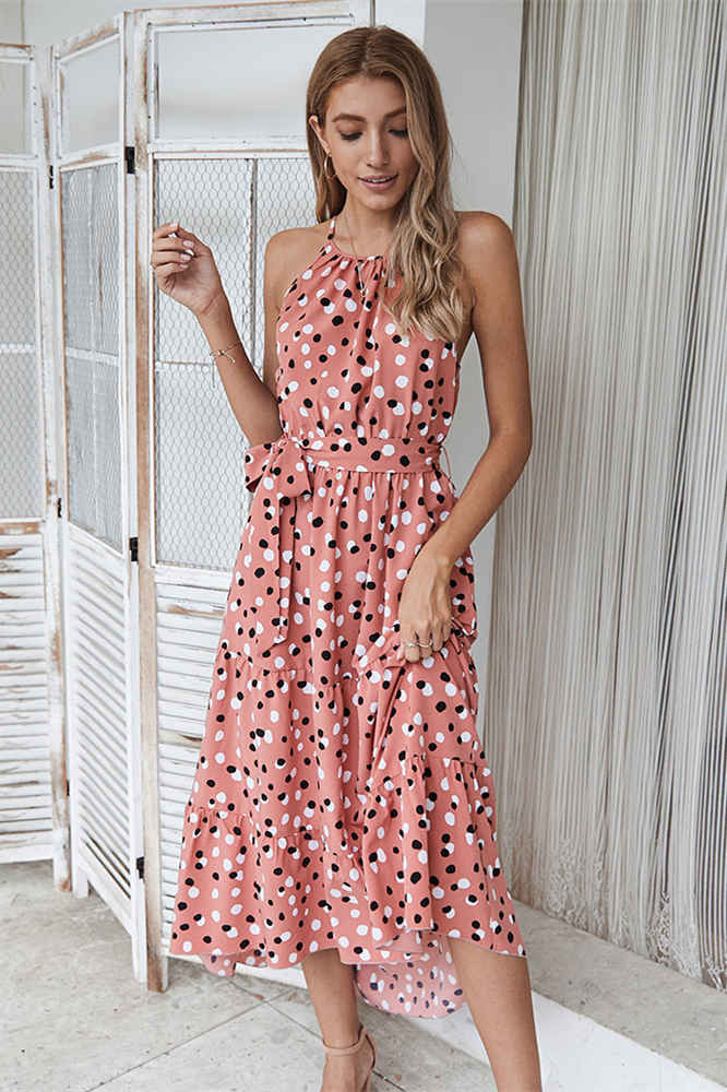 Boho Pink Halter Polka Dot Long Summer Dress – FancyVestido