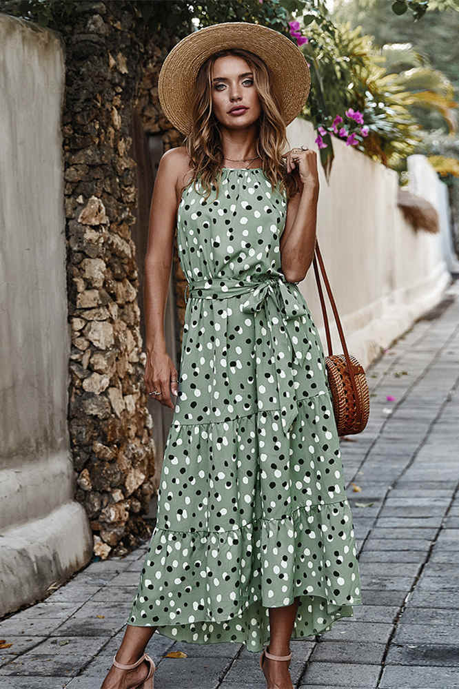 Boho Pink Halter Polka Dot Long Summer Dress