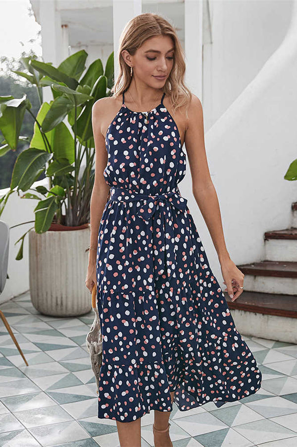 Boho Pink Halter Polka Dot Long Summer Dress