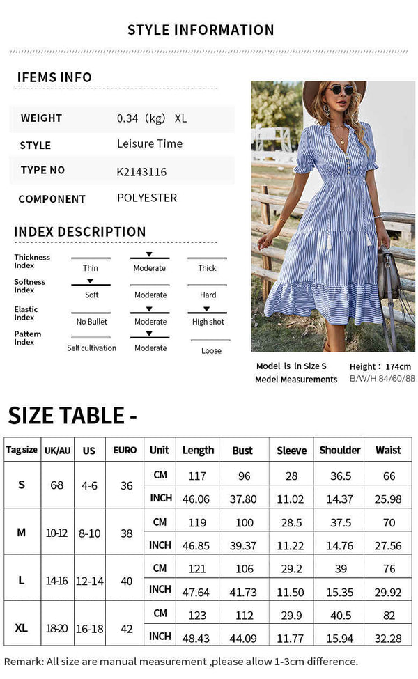 Green V-Neck White Stripes Long Summer Dress