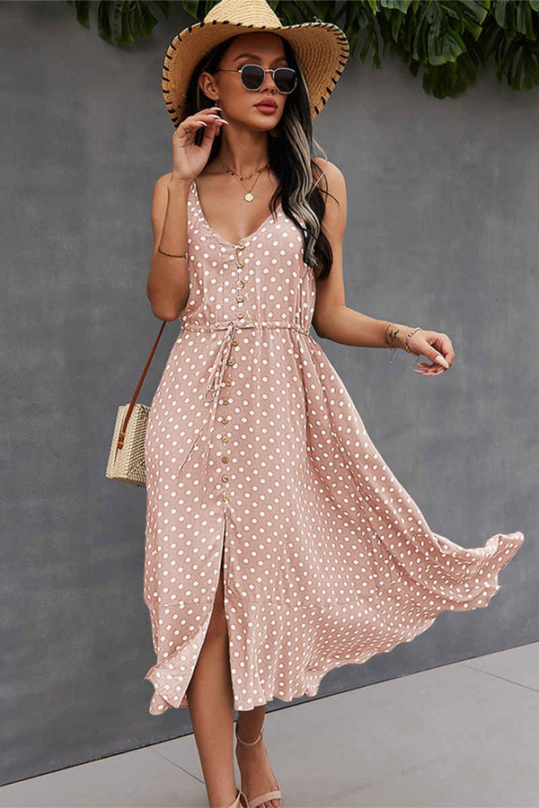 Summer Straps Green Dress with Polka Dots