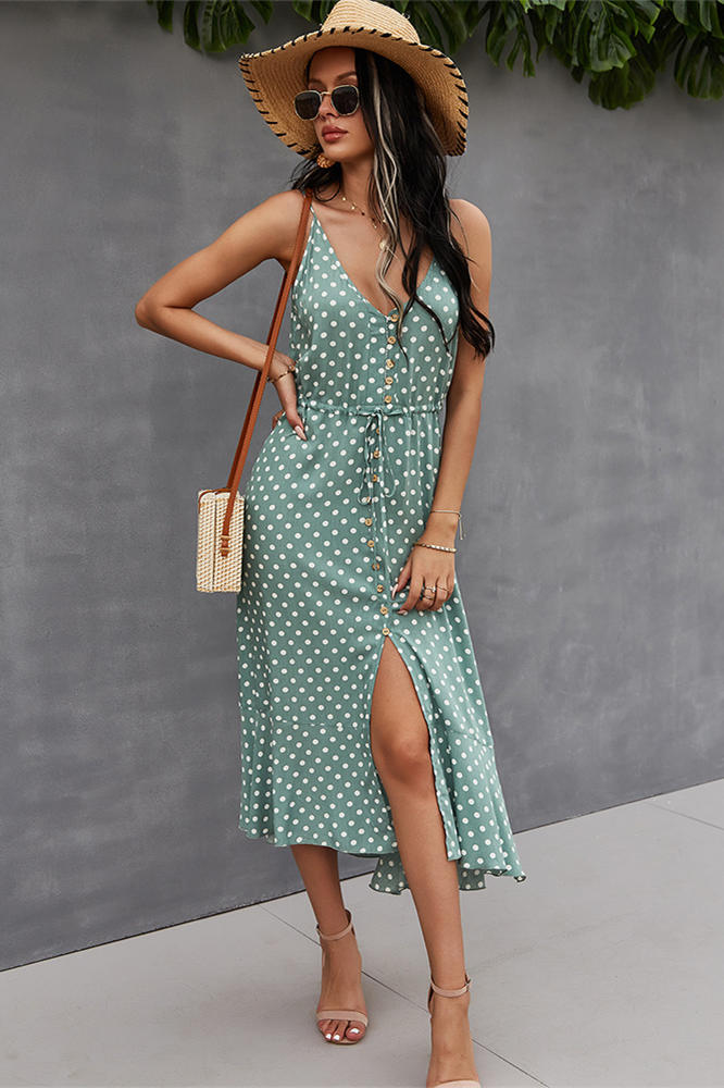 Summer Straps Green Dress with Polka Dots Burgundy / L