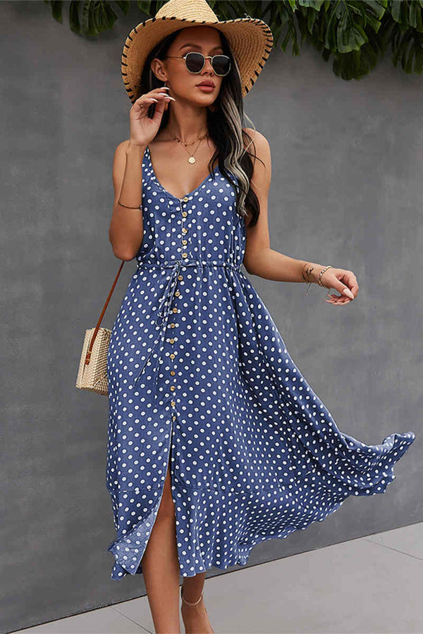 Summer Straps Green Dress with Polka Dots