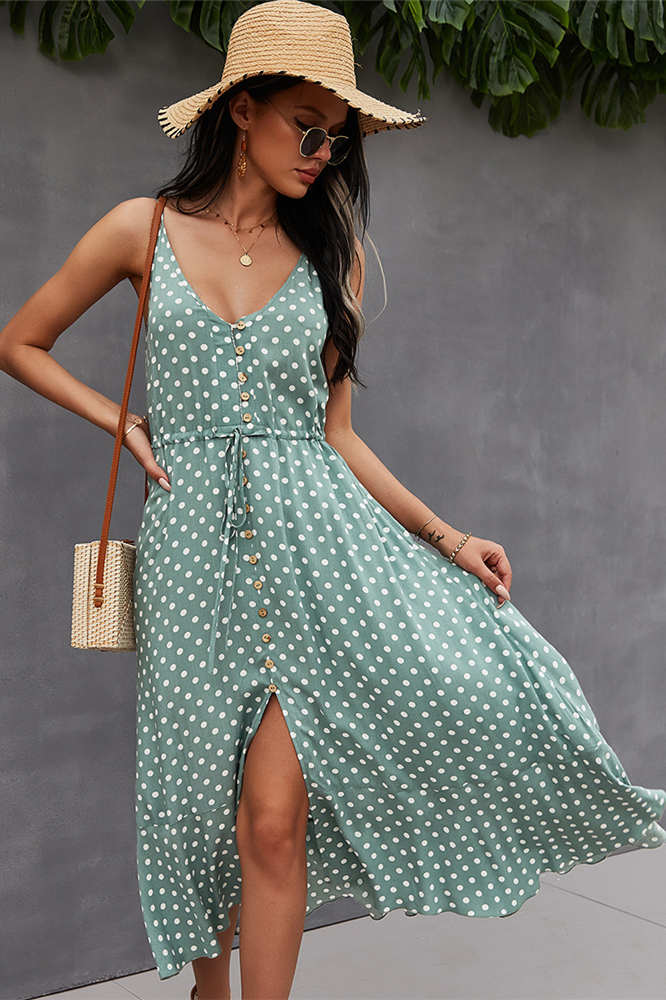 Summer Straps Green Dress with Polka Dots – FancyVestido