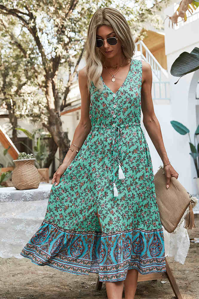 Boho Navy Blue Floral Long Summer Dress