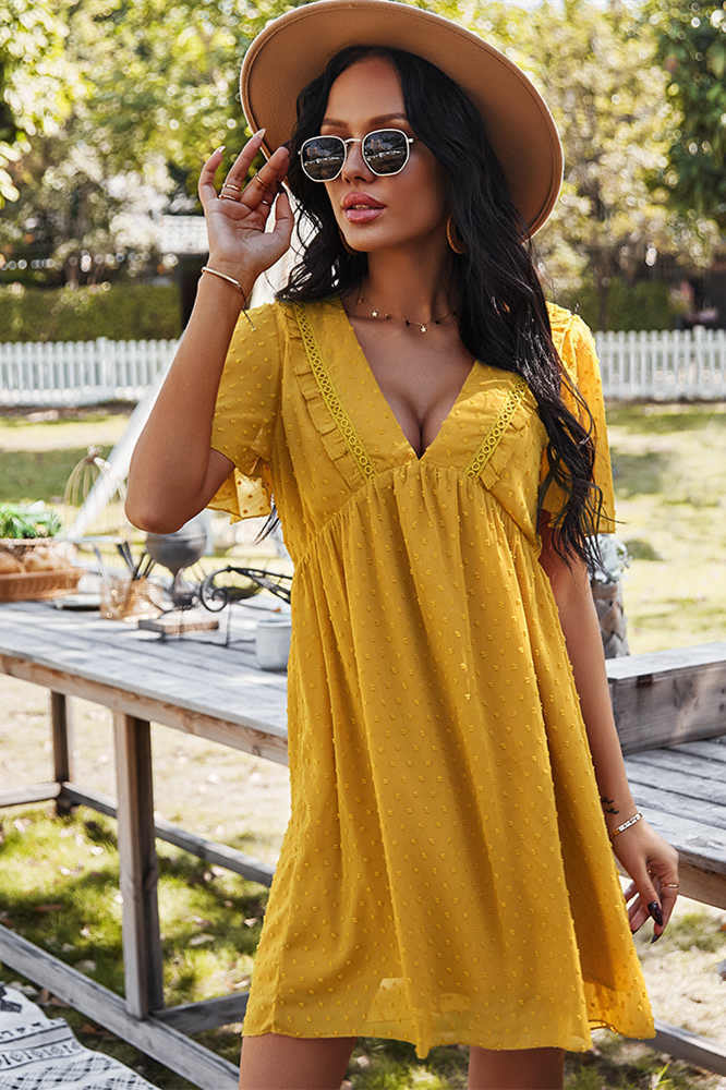 Chiffon Yellow Short Summer Dress with Short Sleeves FancyVestido Chiffon Yellow Short Summer Dress with Short Sleeves FancyVestido
