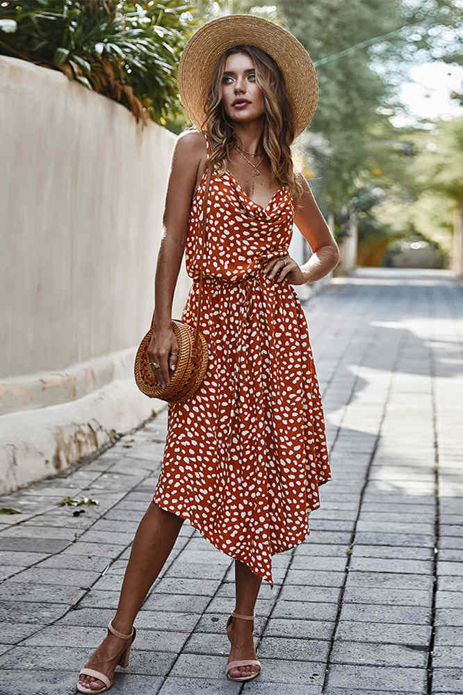 Cowl Neck Polka Dot Long Summer Dress