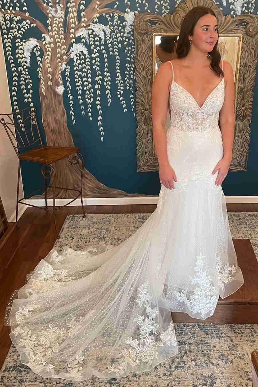 Straps Cutout Back White Lace Wedding Dress FancyVestido Straps Cutout Back White Lace Wedding Dress FancyVestido