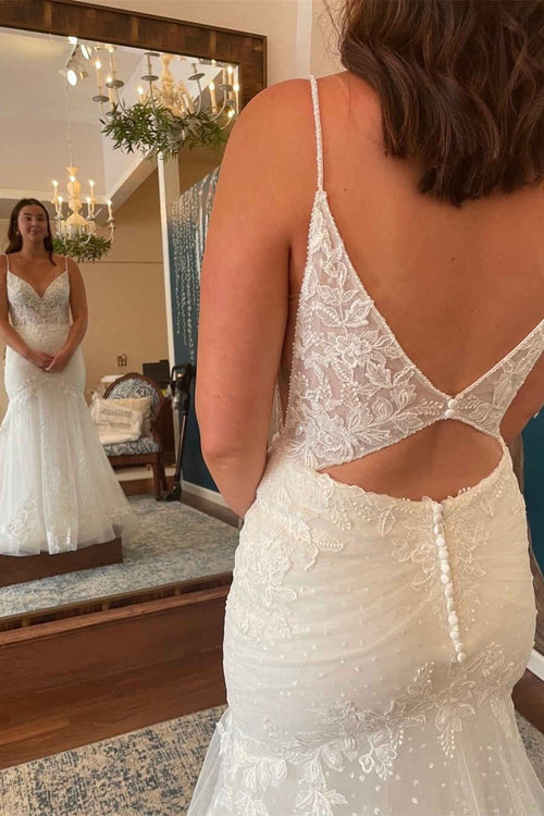 Straps Cutout Back White Lace Wedding Dress