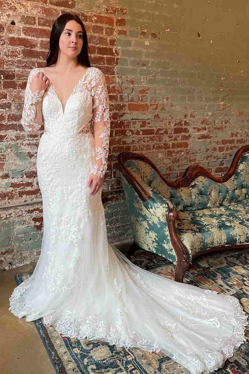 Plunging V-Neck Lace Bridal Dress with Illusion Sleeves – FancyVestido