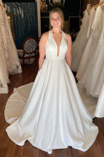 Plunging Halter Ivoty Bridal Dress with Pockets