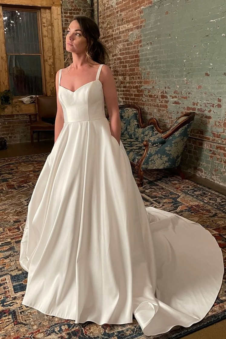 ivory wedding dresses Simple Wide Straps Ivory Wedding Gown with Pockets – FancyVestido