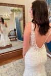 White Double V-Neck Appliqued Wedding Dress with Train