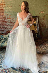 Deep V-Neck Lace Tulle Wedding Dress with Long Sleeves