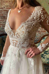 Deep V-Neck Lace Tulle Wedding Dress with Long Sleeves