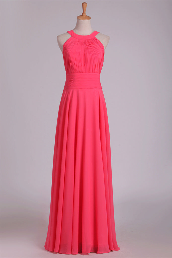 Crew Neck Watermelon Chiffon Long Bridesmaid Dress FancyVestido Crew Neck Watermelon Chiffon Long Bridesmaid Dress FancyVestido