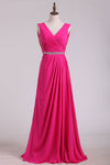 Backless Hot Pink V-Neck Chiffon Bridesmaid Dress