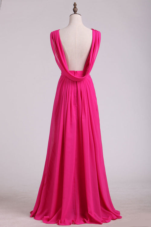 Backless Hot Pink V-Neck Chiffon Bridesmaid Dress
