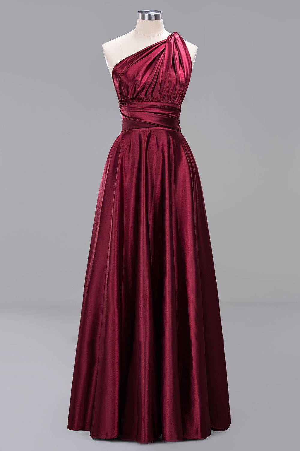 One Shoulder Pleated Burgundy Long Bridesmaid Dress