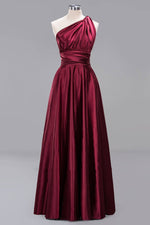 One Shoulder Pleated Burgundy Long Bridesmaid Dress