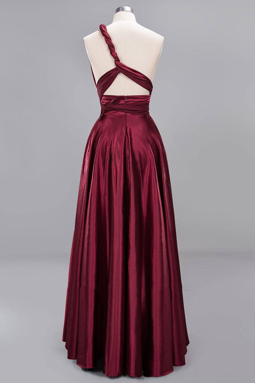 One Shoulder Pleated Burgundy Long Bridesmaid Dress