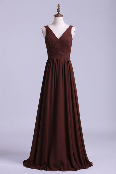 Simple V-Back Brown Long Bridesmaid Dress