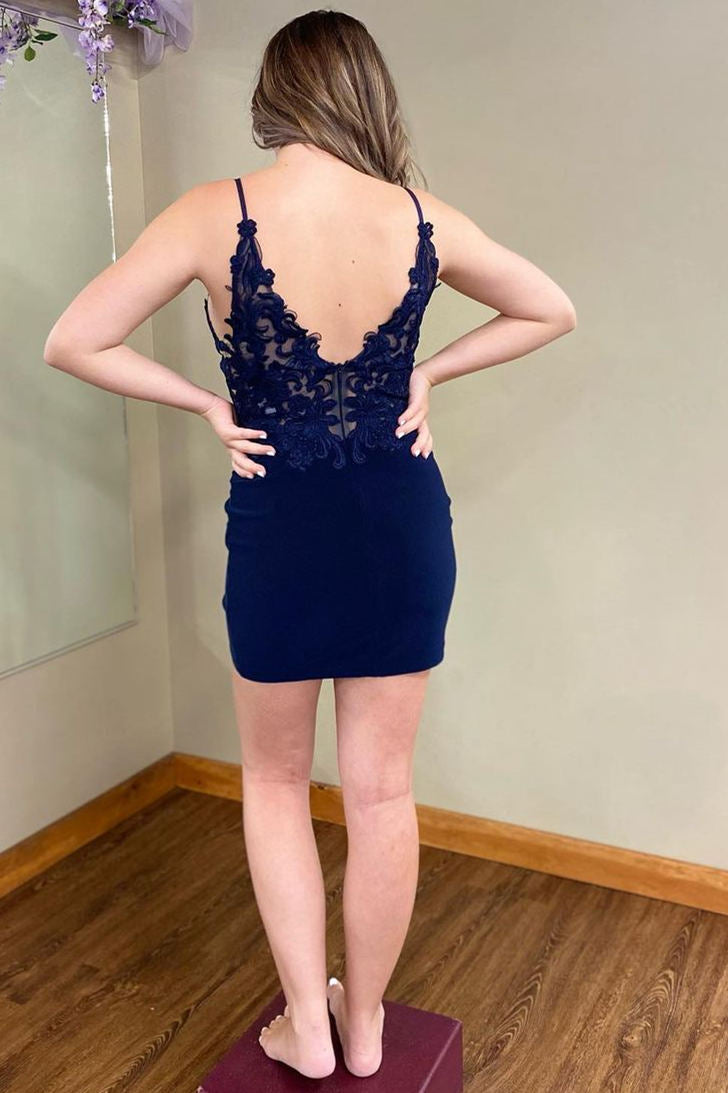 Fitted Lace Navy Blue Short Homecoming Dress
