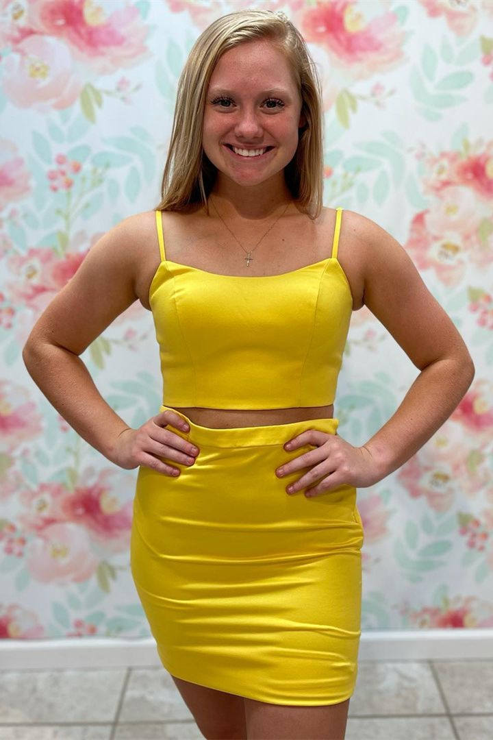 Straps Yellow Satin Two Piece Homecoming Dress