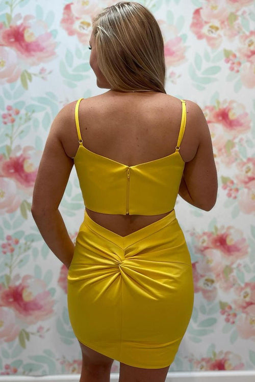 Straps Yellow Satin Two Piece Homecoming Dress