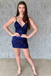 Tight Straps Navy Blue Sequined Homecoming Dress
