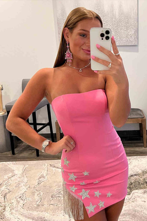 Tassel Strapless Hot Pink Bodycon Homecoming Dress