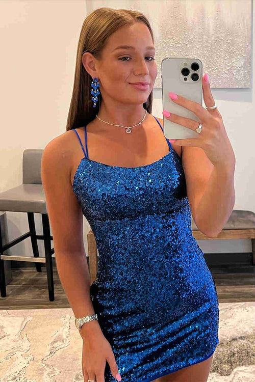 Short Blue Sequined Homecoming Dress